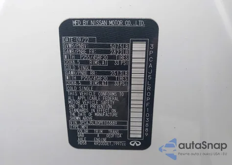 2023 Infiniti Qx55 Sensory Awd z USA, uszkodzony, nr VIN 3PCAJ5LR0PF103889